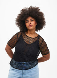 Mesh blouse with short sleeves, Black, Model