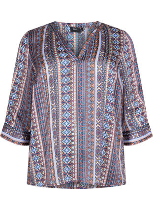 Printed blouse with 3/4 sleeves, Brown Blue Ethnic, Packshot image number 0