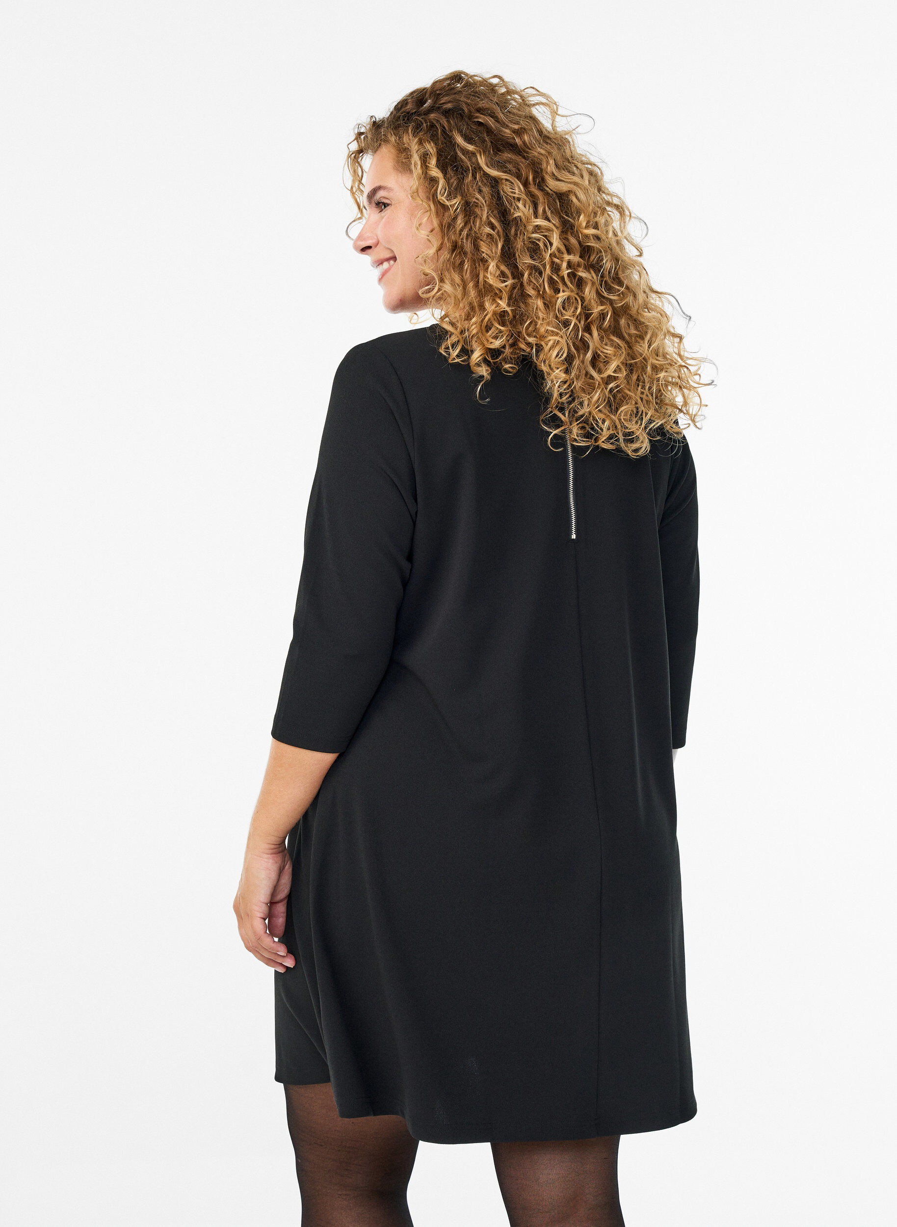 Zizzifashion FLASH - Short A-line dress with 3/4 sleeves, Black, Model image number 2