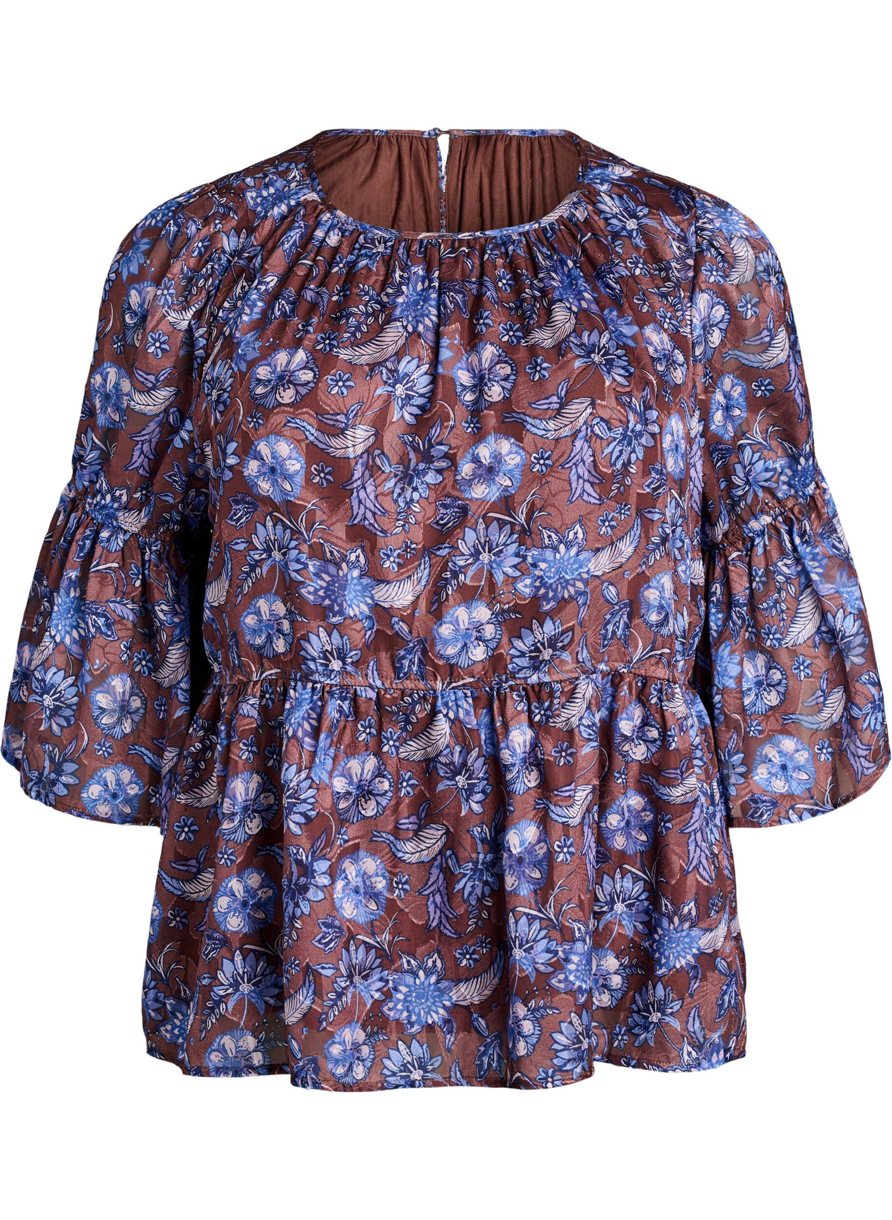 ZizzifashionFloral blouse with ruffle sleeves, Brown, Packshot image number 0