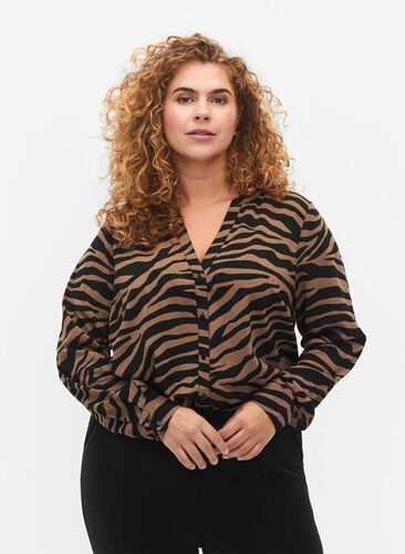 V-neck shirt with zebra print, Black/Brown Zebra, Model image number 0