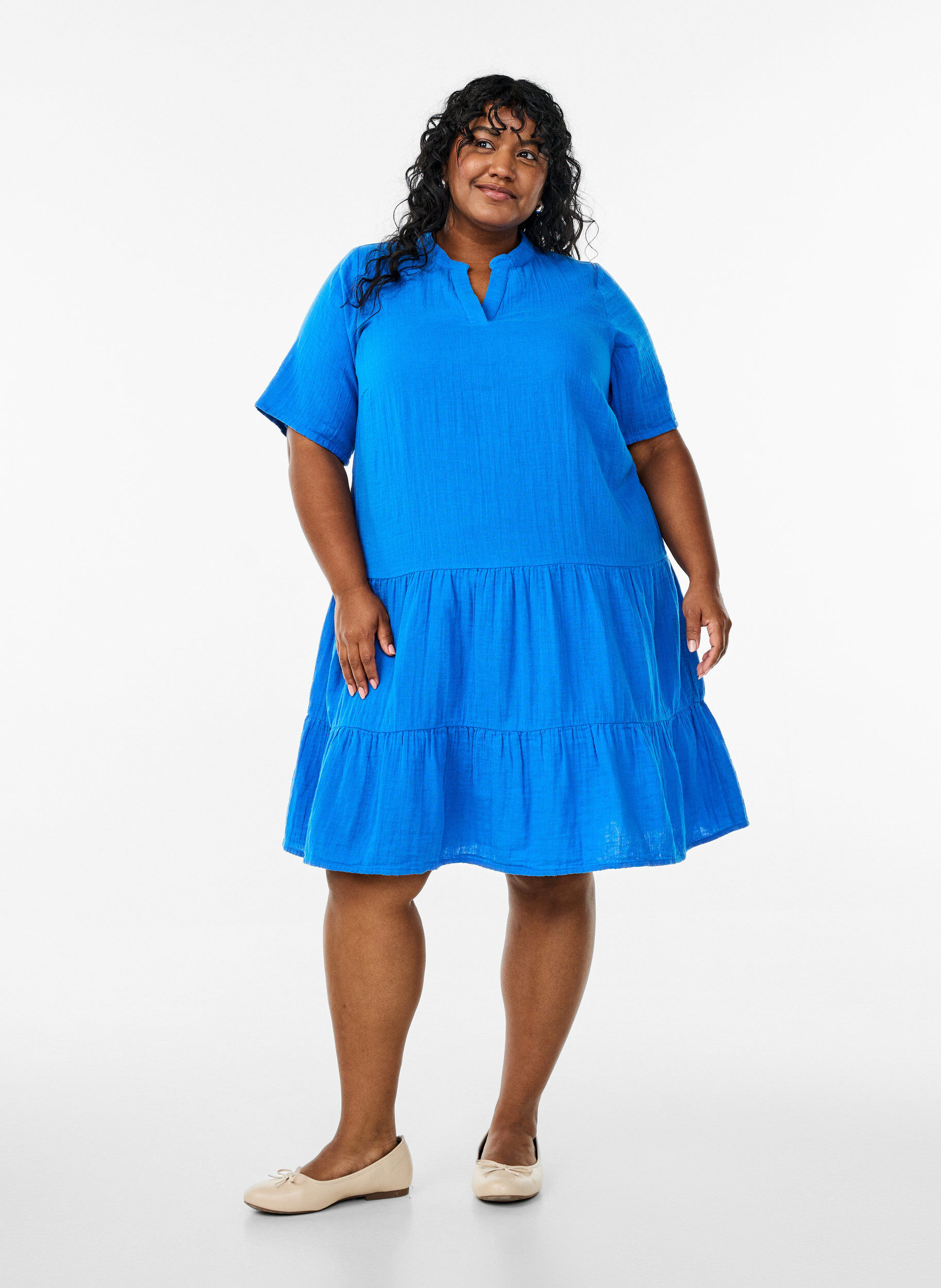 ZizzifashionShort A-line dress in cotton muslin, Blue, Model image number 1