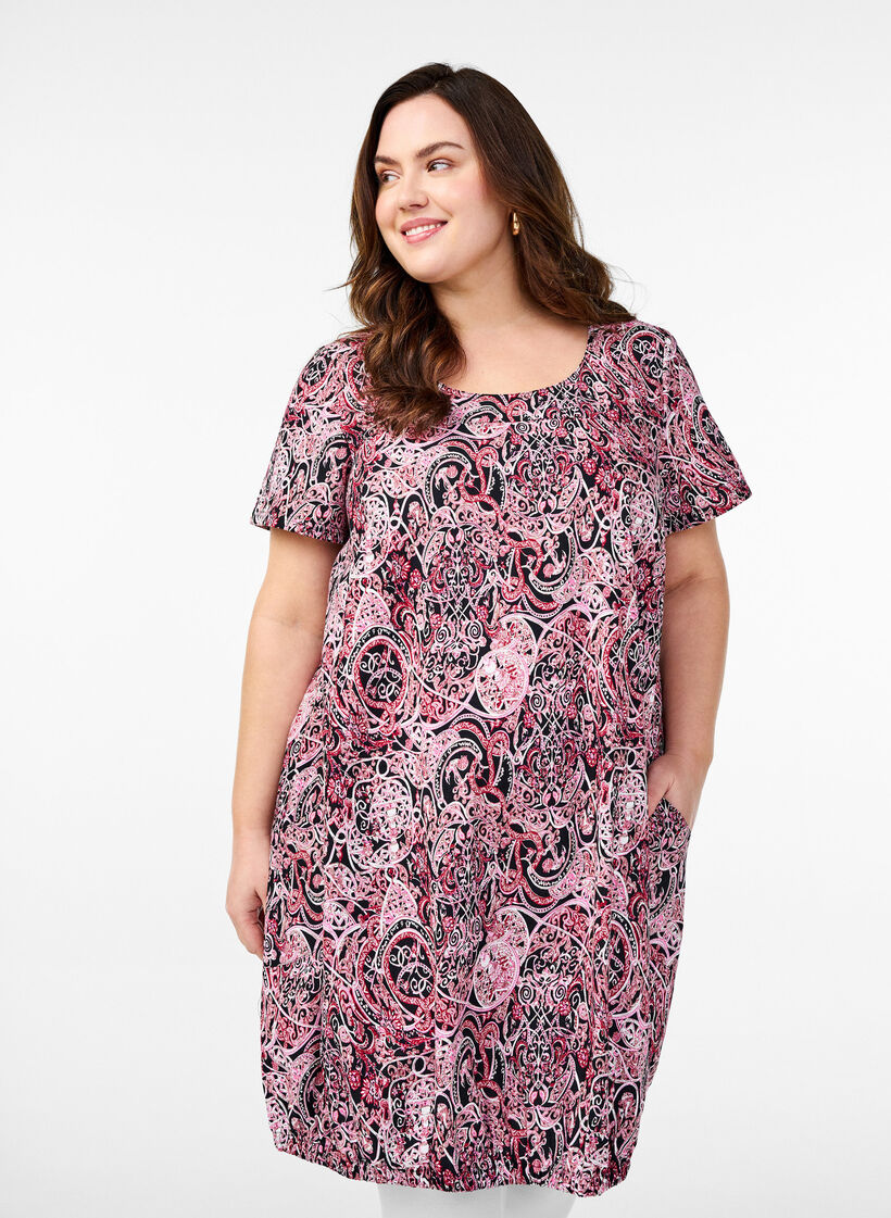 Short-sleeved cotton dress with print, Black, Model image number 0