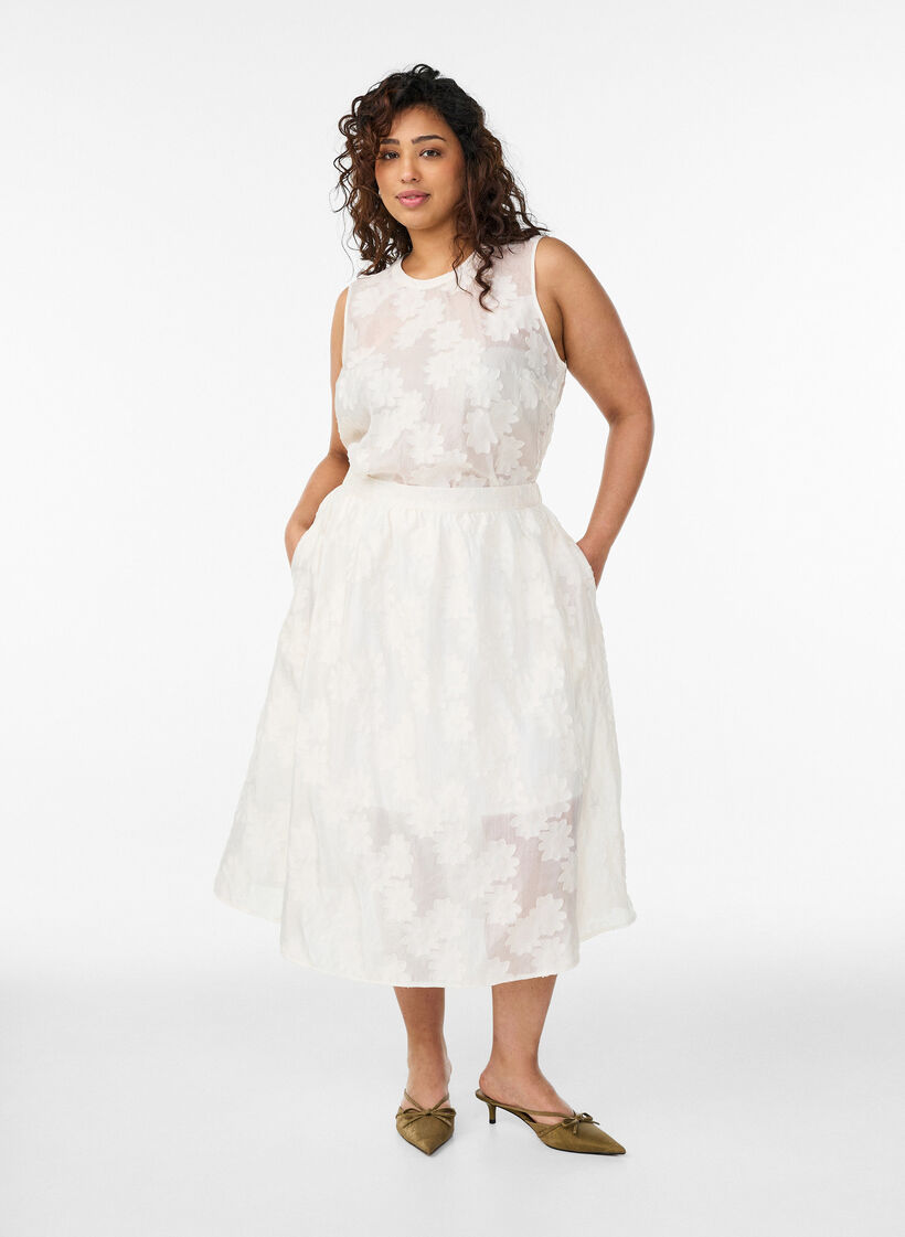 Sleeveless top in jacquard with a floral texture, Vanilla, Model image number 1