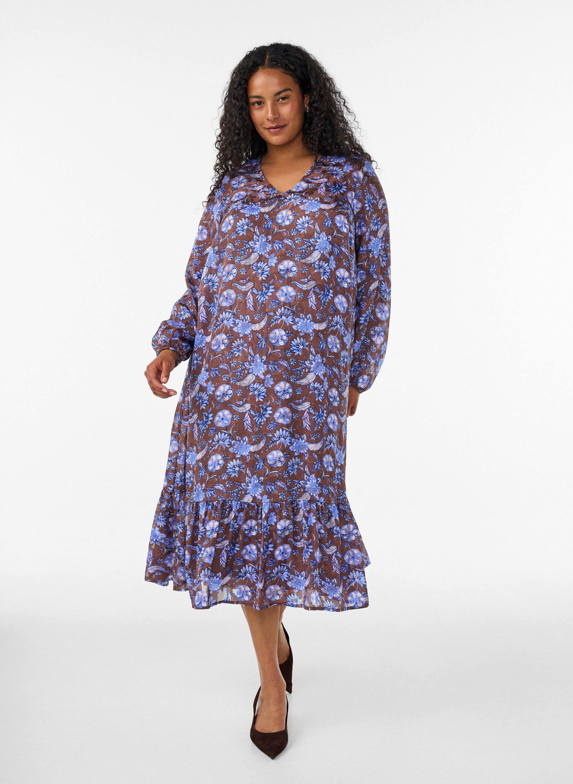 ZizzifashionMidi dress with floral print and ruffle hem, Brown, Model image number 0
