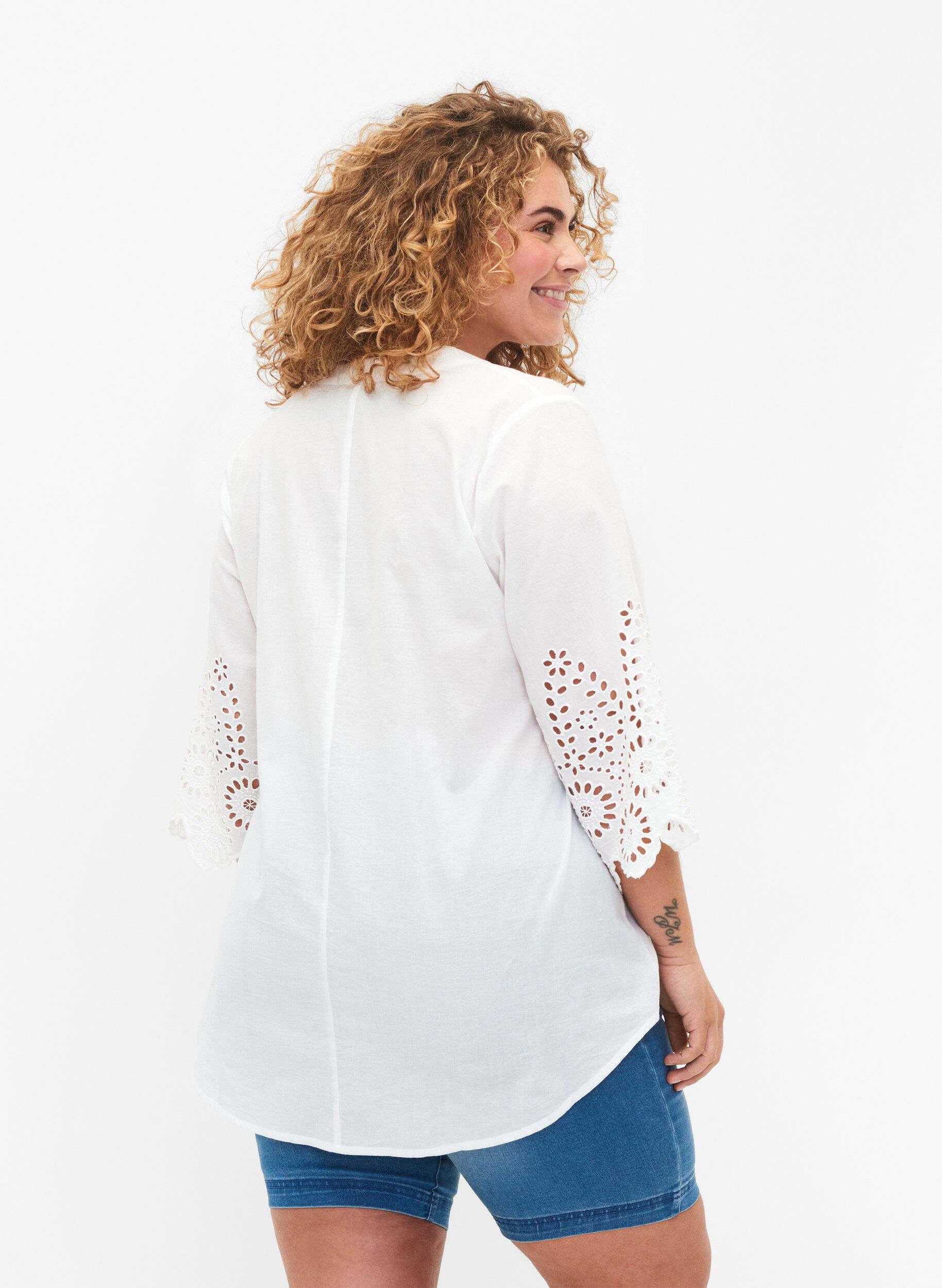 Zizzifashion Shirt-blouse with broderie anglaise and 3/4 sleeves, Bright White, Model image number 1