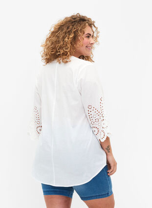 Shirt blouse with broderie anglaise and 3/4 sleeves, Bright White, Model image number 1
