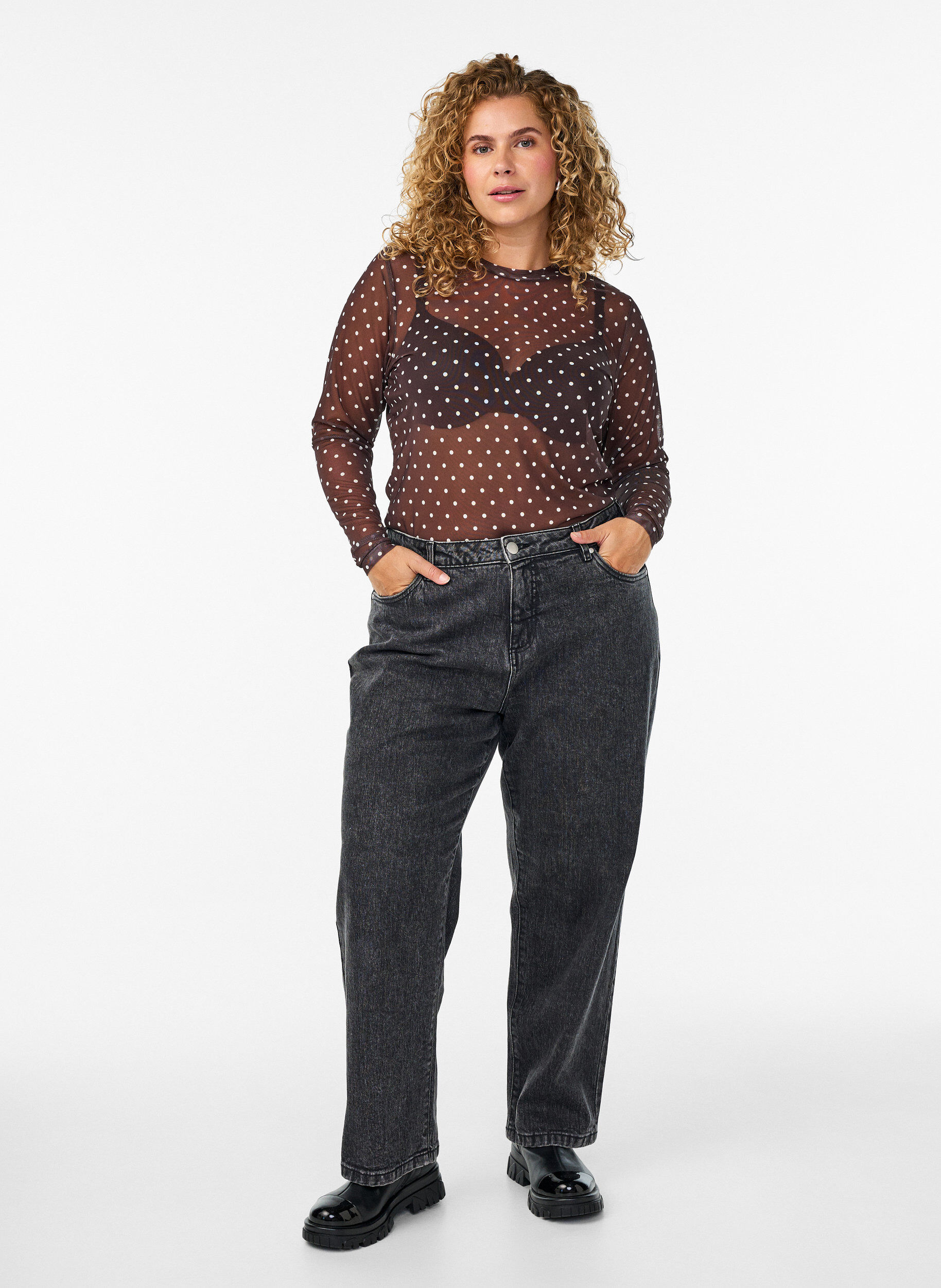 Zizzifashion Mesh blouse with dots, Brown, Model image number 1