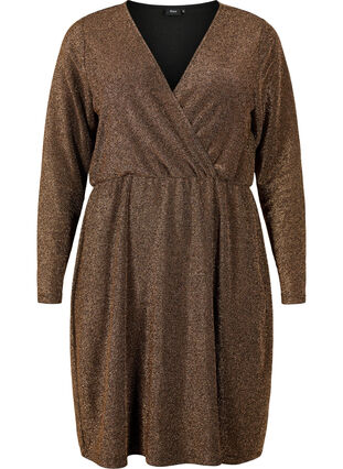 Glitter dress with wrap look and long sleeves, Black Copper, Packshot image number 0