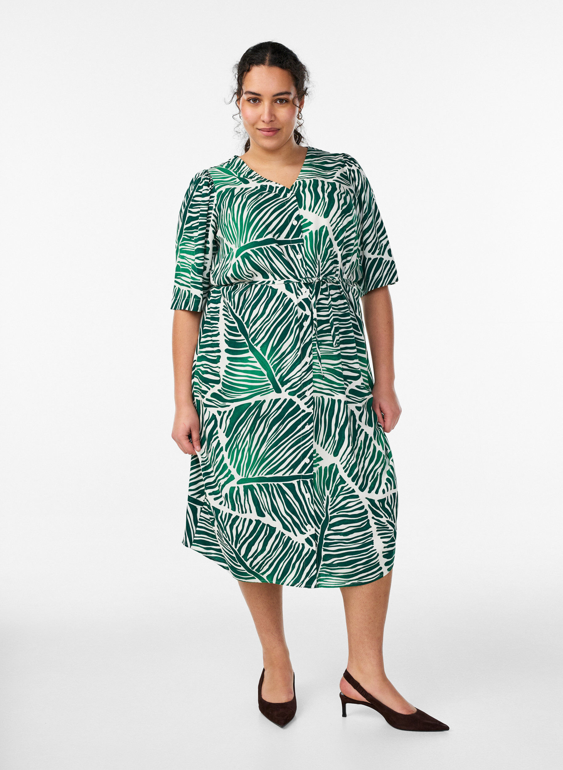 Midi dress with print and tie belt, Green, Model