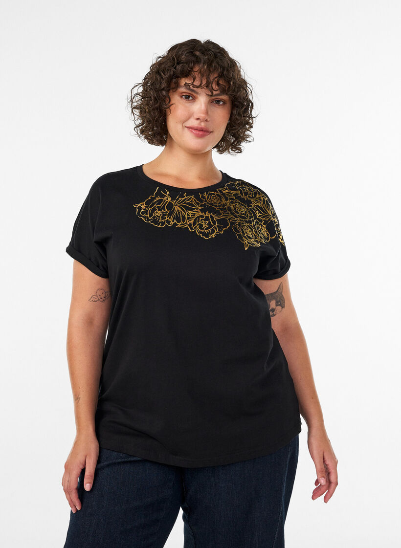Cotton T-shirt with floral print, Black, Model image number 0