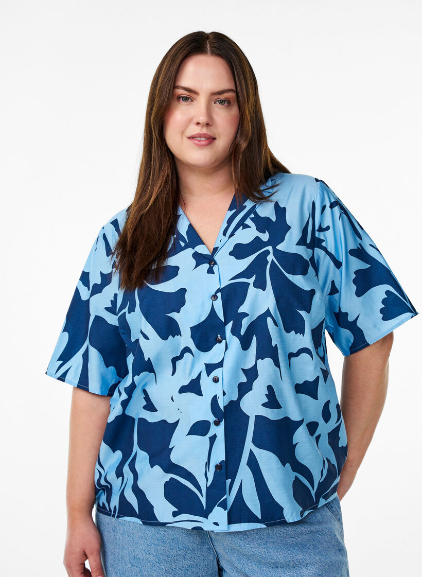 Shirt blouse with print and V-neck, Blue, Model image number 0