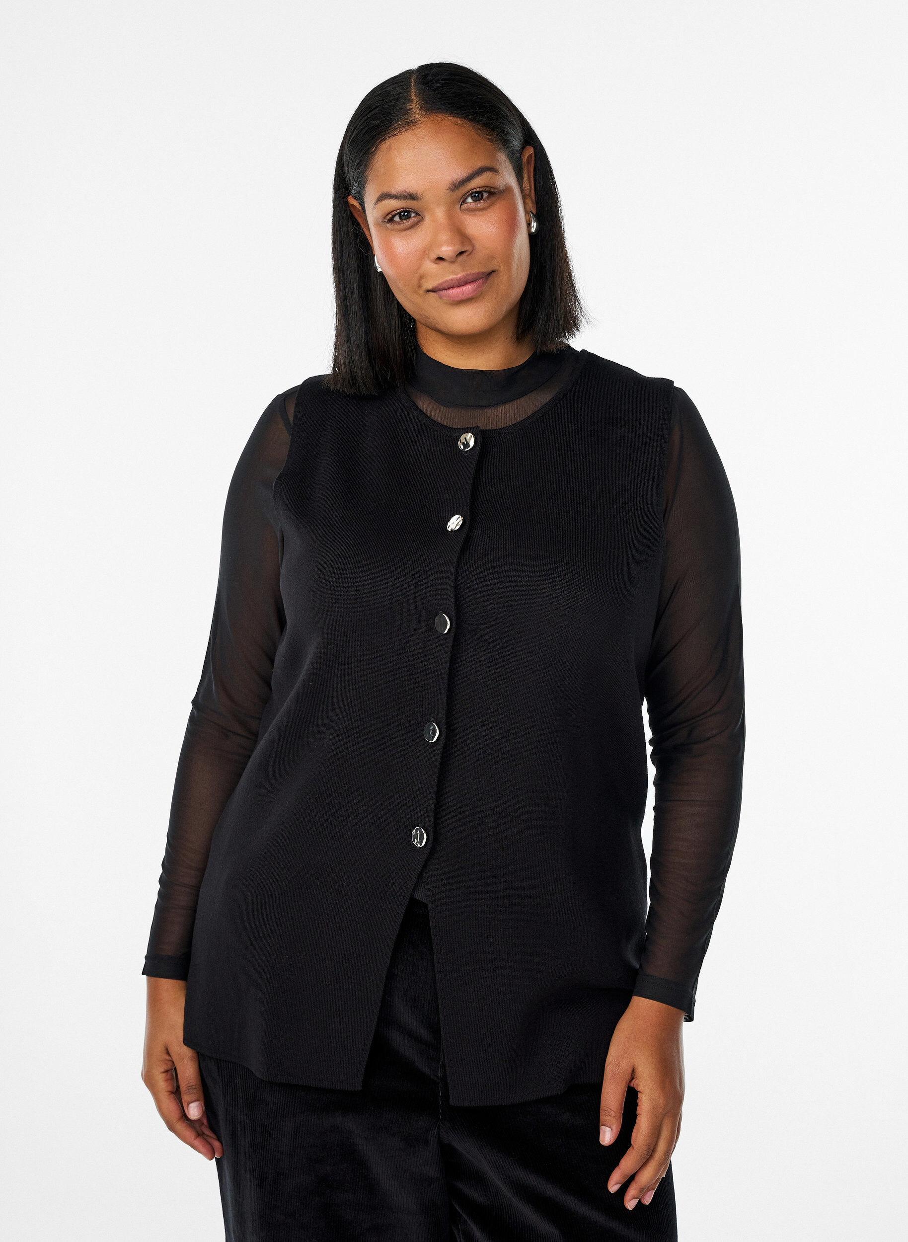 Sleeveless knit vest with decorative buttons, Black, Model