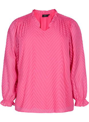 Blouse with long sleeves and frill details, Shocking Pink, Packshot image number 0