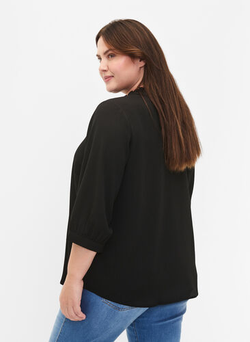 Shirt blouse with 3/4 sleeves and ruffle collar, Black, Model image number 1