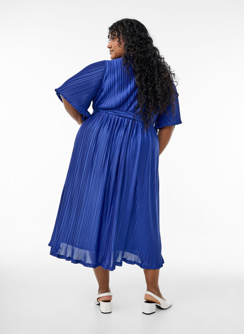 Pleated midi dress with batwing sleeves, Blue, Model image number 1