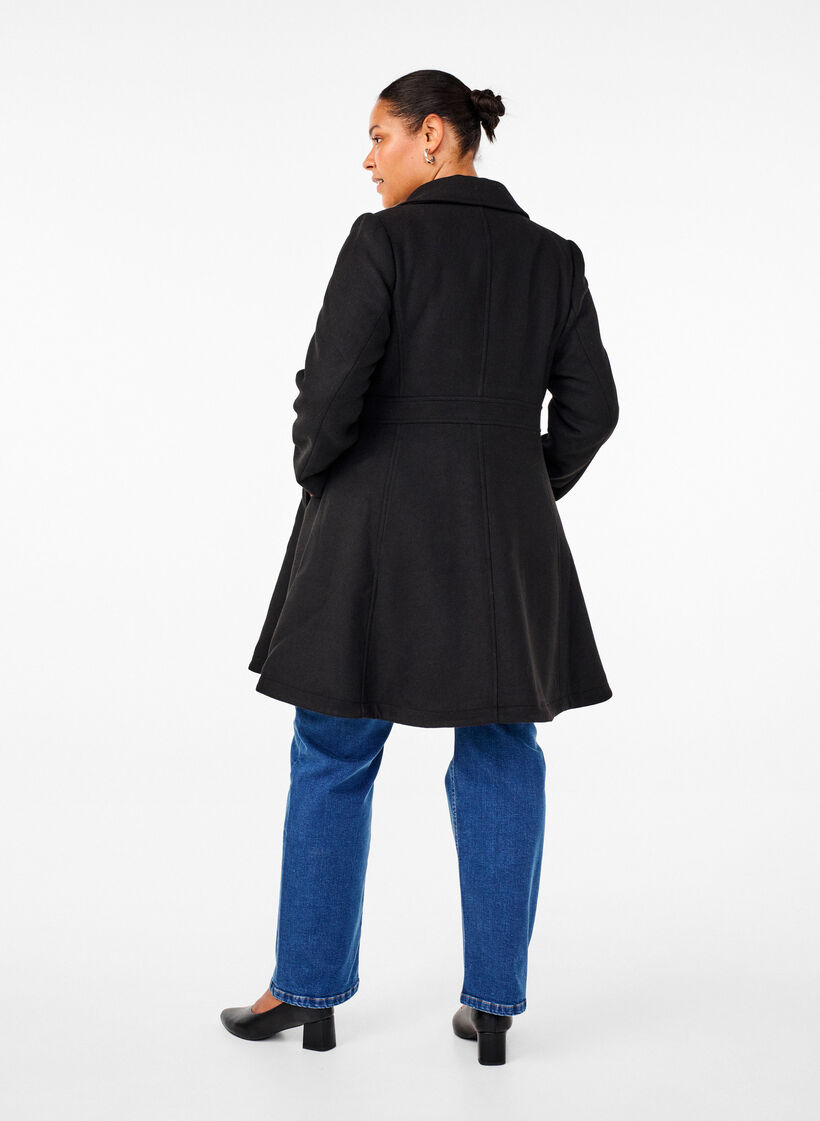 A-line wool coat with pockets, Black, Model image number 2