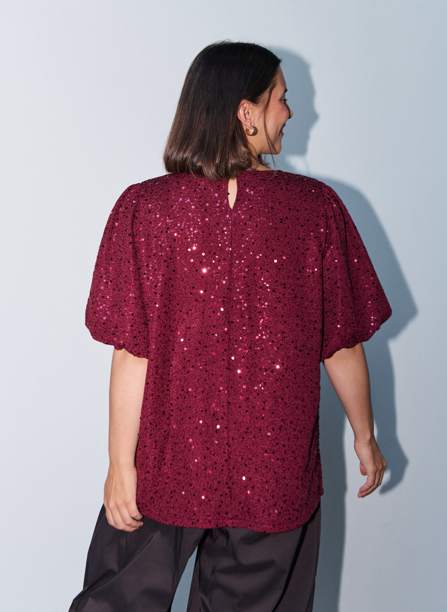 ZizzifashionSequin blouse with balloon sleeves, Red, Model image number 2