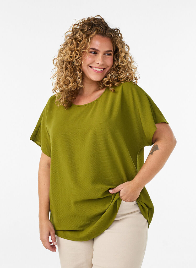 Blouse with short sleeves and a round neckline, Green, Model image number 0