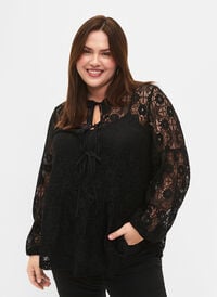 Lace blouse with tie detail, Black, Model