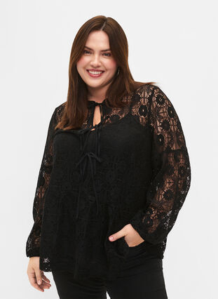 Lace blouse with tie detail, Black, Model image number 0