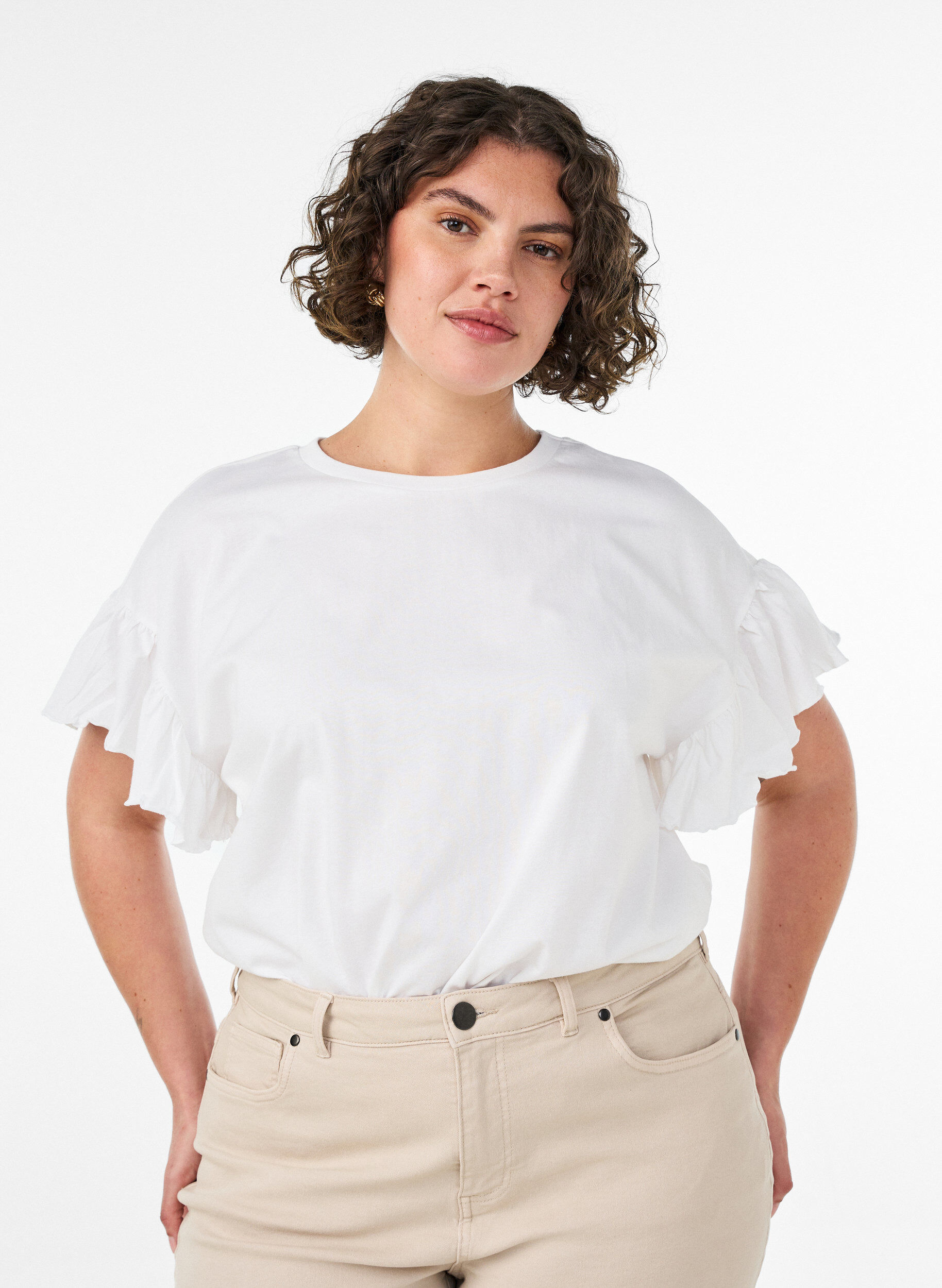 ZizzifashionOrganic cotton T-shirt with ruffle sleeves, White, Model image number 0