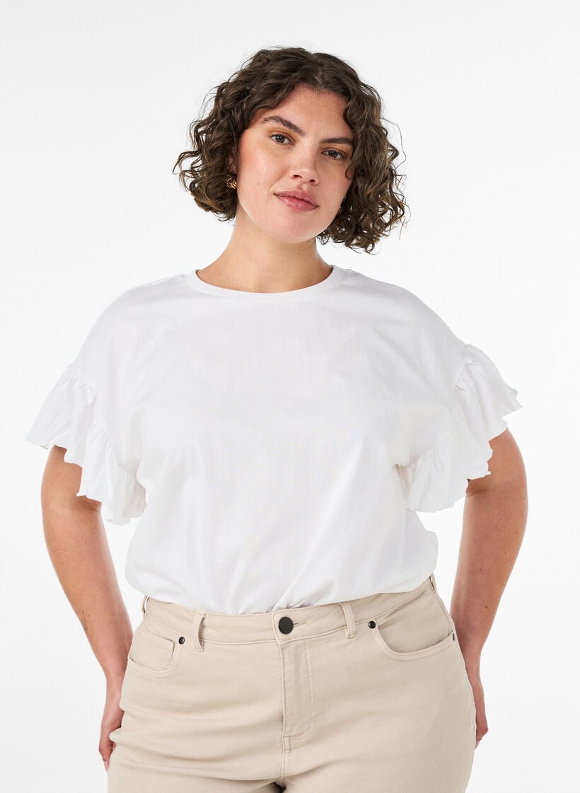 Organic cotton T-shirt with ruffle sleeves, White, Model image number 0