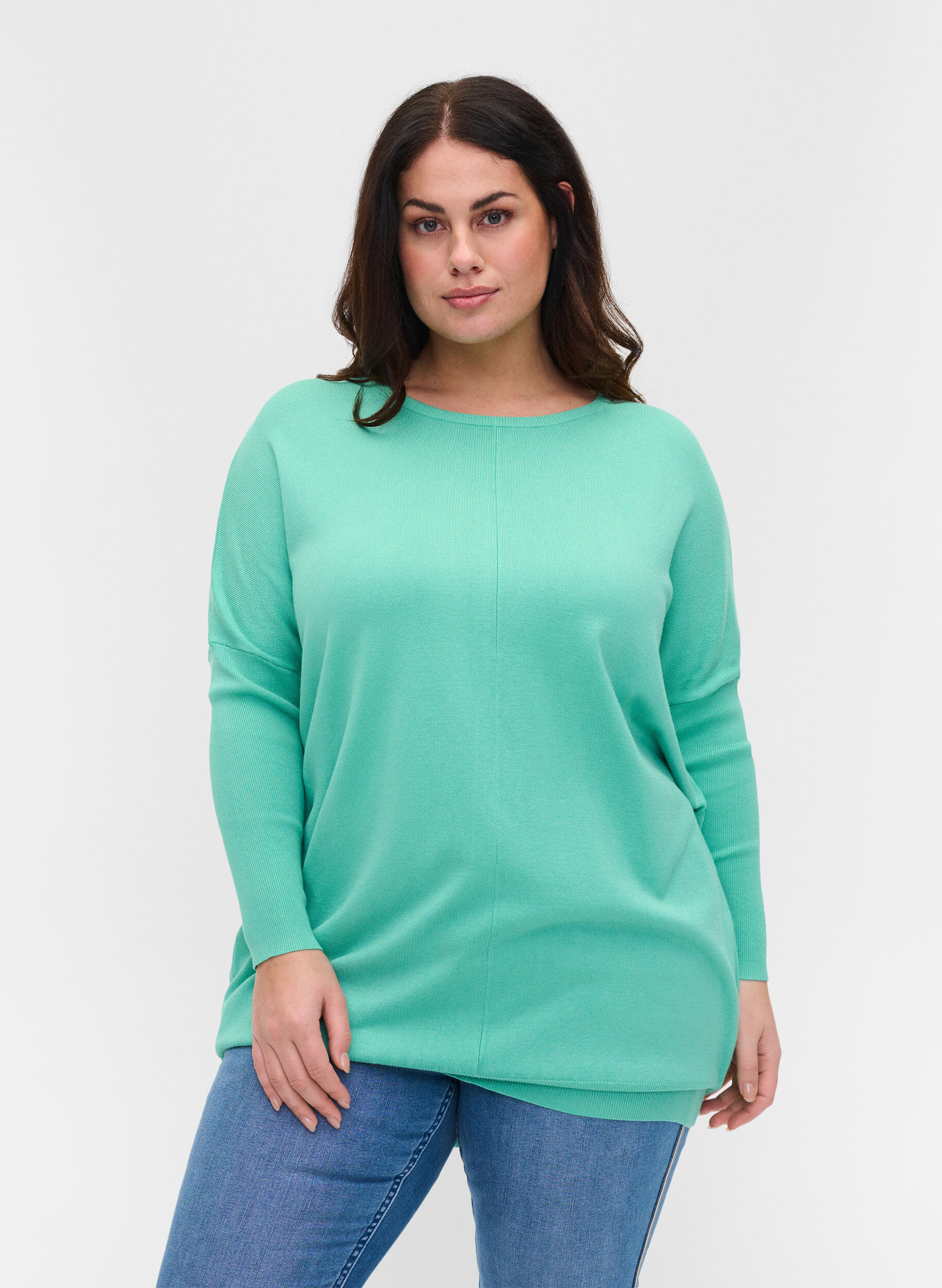Zizzifashion Knitted jumper with round neckline, Dusty Jade Green, Model image number 0