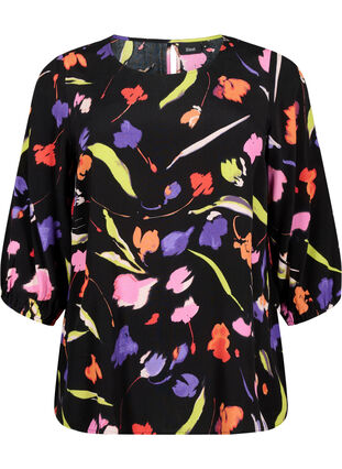 Viscose blouse with print and 3/4 sleeves, Faded Tulip AOP, Packshot image number 0