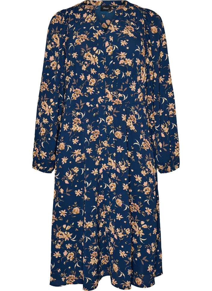 Midi dress with smock and decorative buttons, Blue, Packshot image number 0