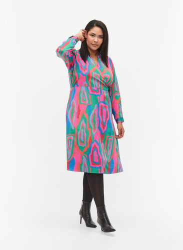 Printed wrap dress with long sleeves, Colorfull Art Print, Model image number 0