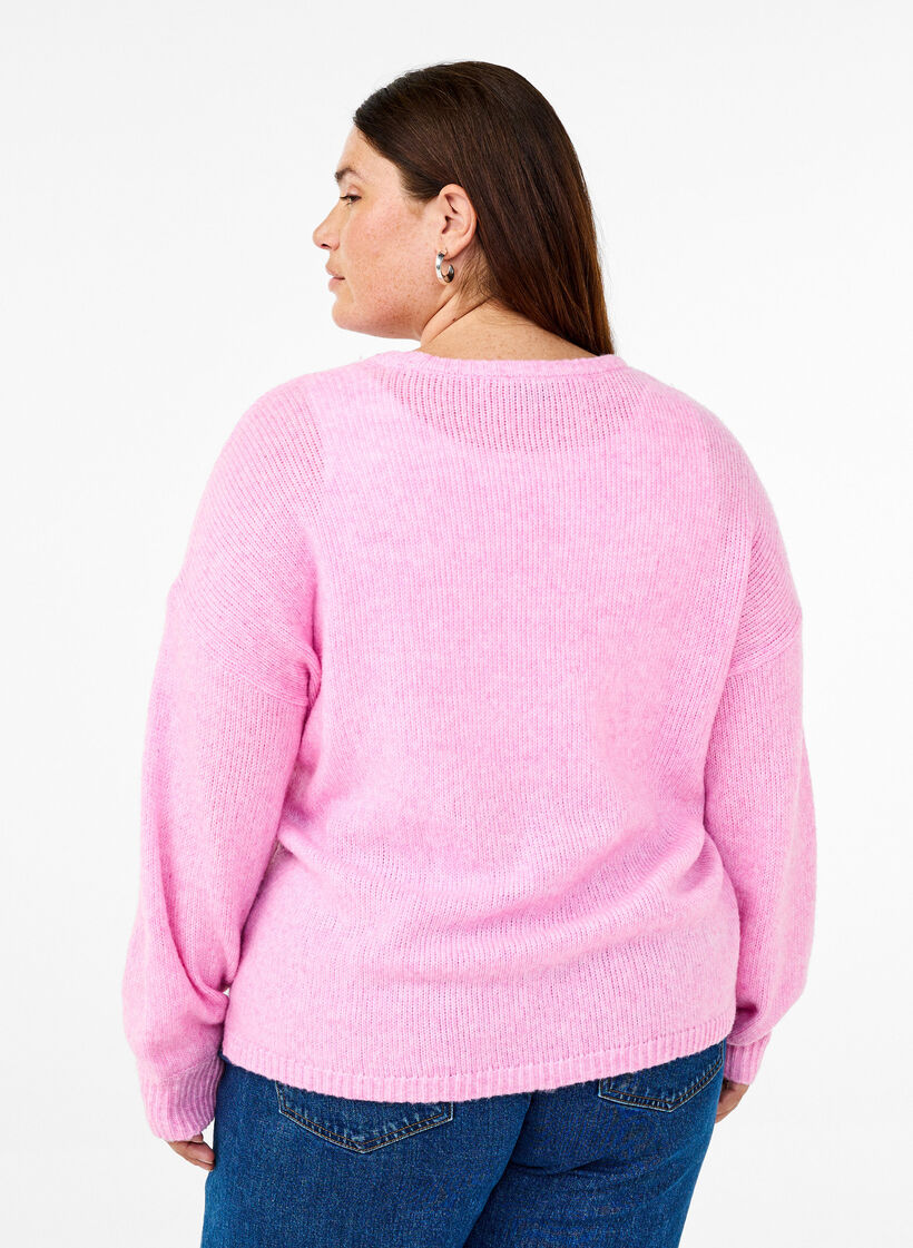 Long-sleeved knitted jumper with wool and a round neck, Begonia Pink Mel., Model image number 1