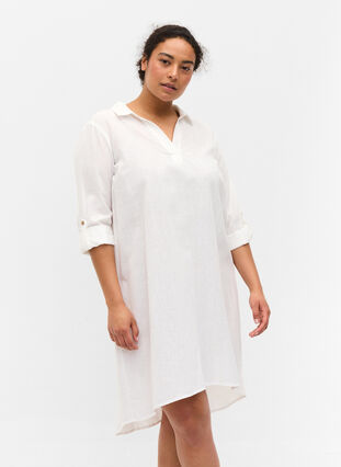 Dress with V neckline and collar, White, Model image number 0