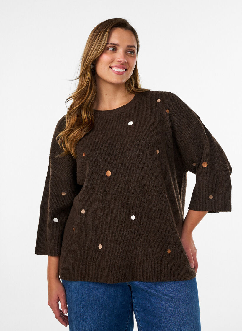 Knitted blouse with small embroidered motifs, Brown, Model image number 0