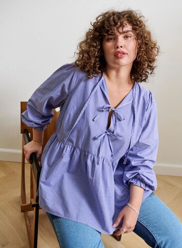 Striped cotton blouse with tie detail, Baja Blue Stripe, Image image number 0