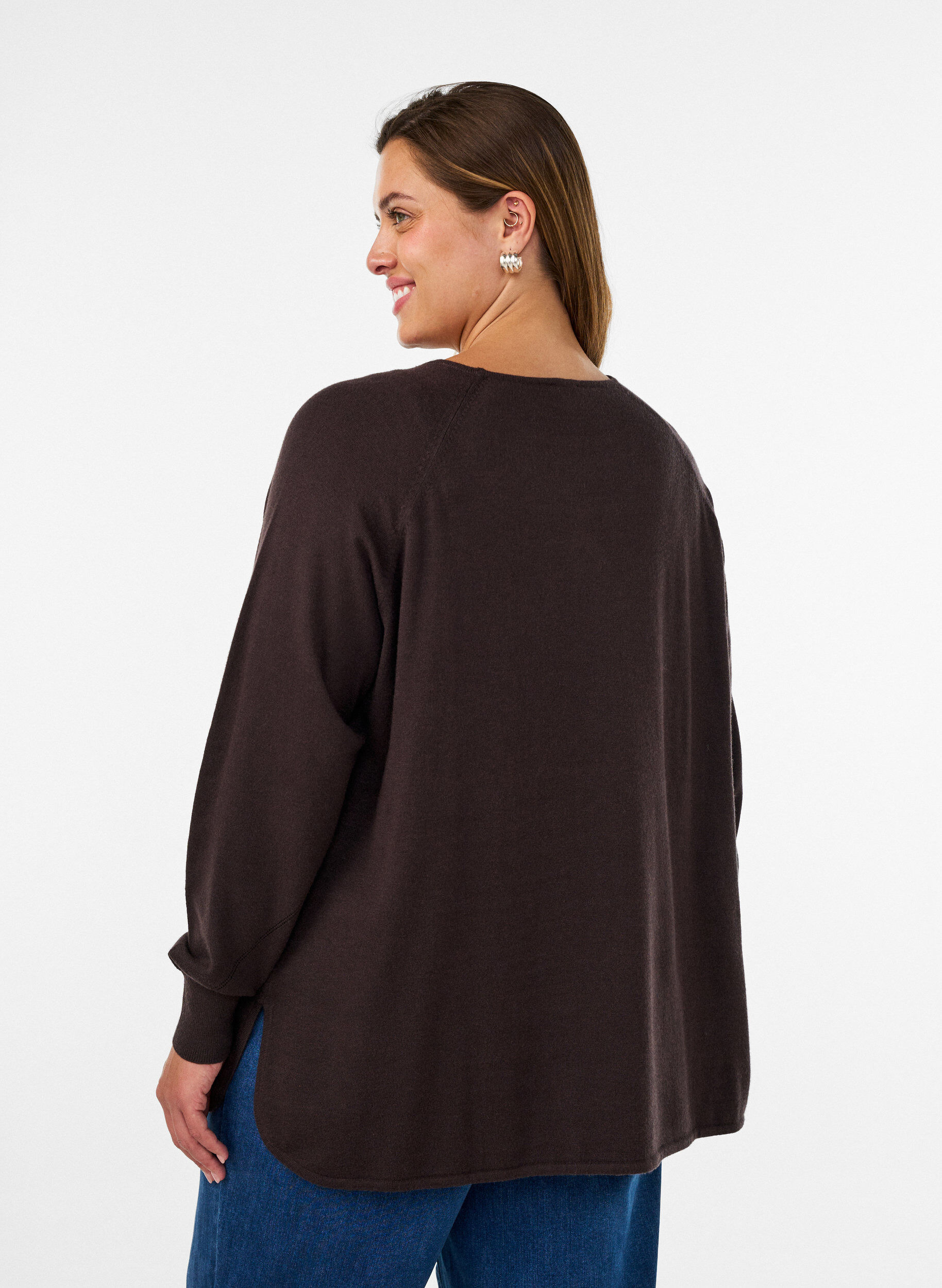 ZizzifashionKnitted blouse with round neck and knitted pattern, Brown, Model image number 2