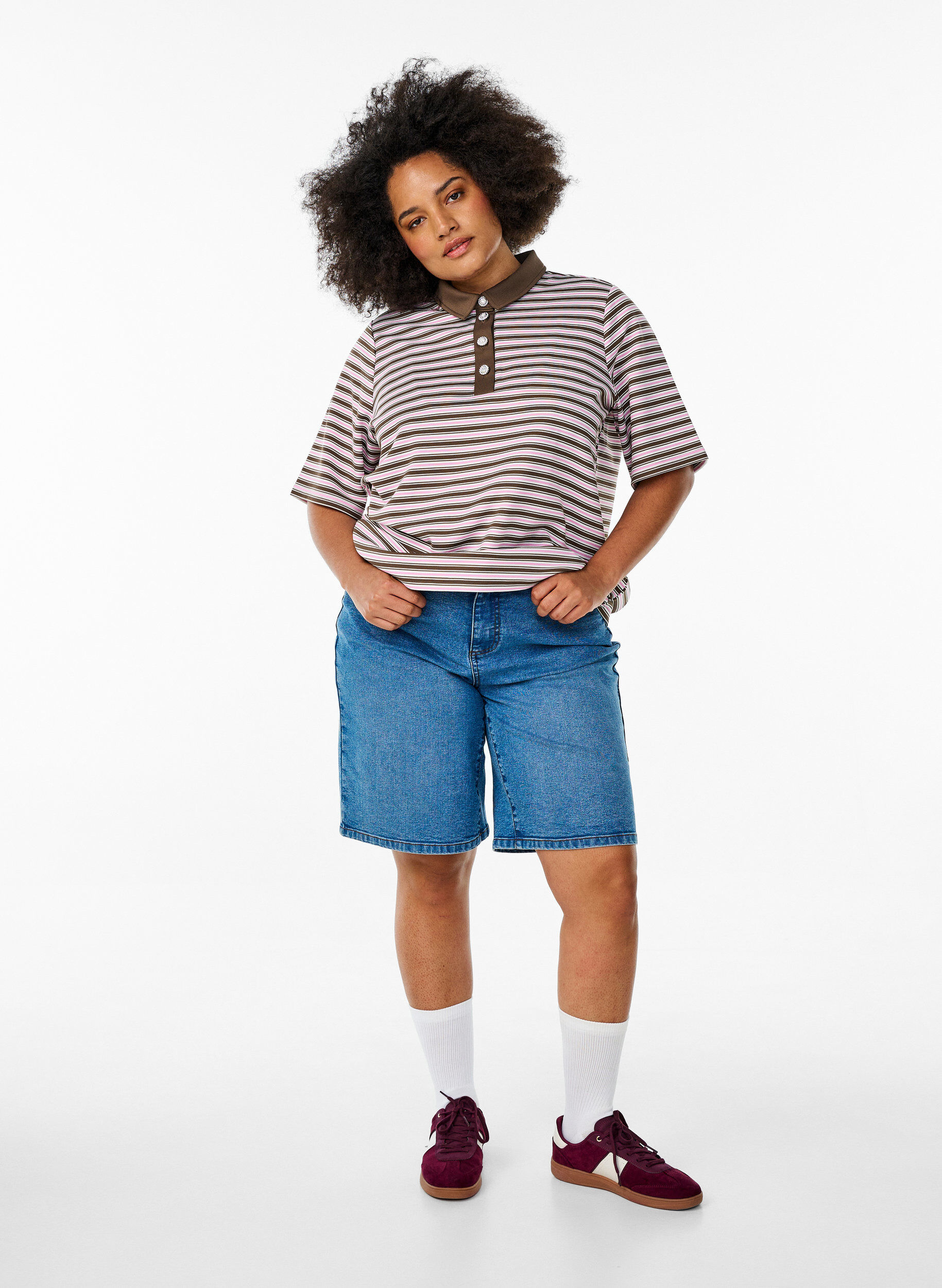 Zizzifashion Striped polo shirt with short sleeves and buttons, Brown, Model image number 1