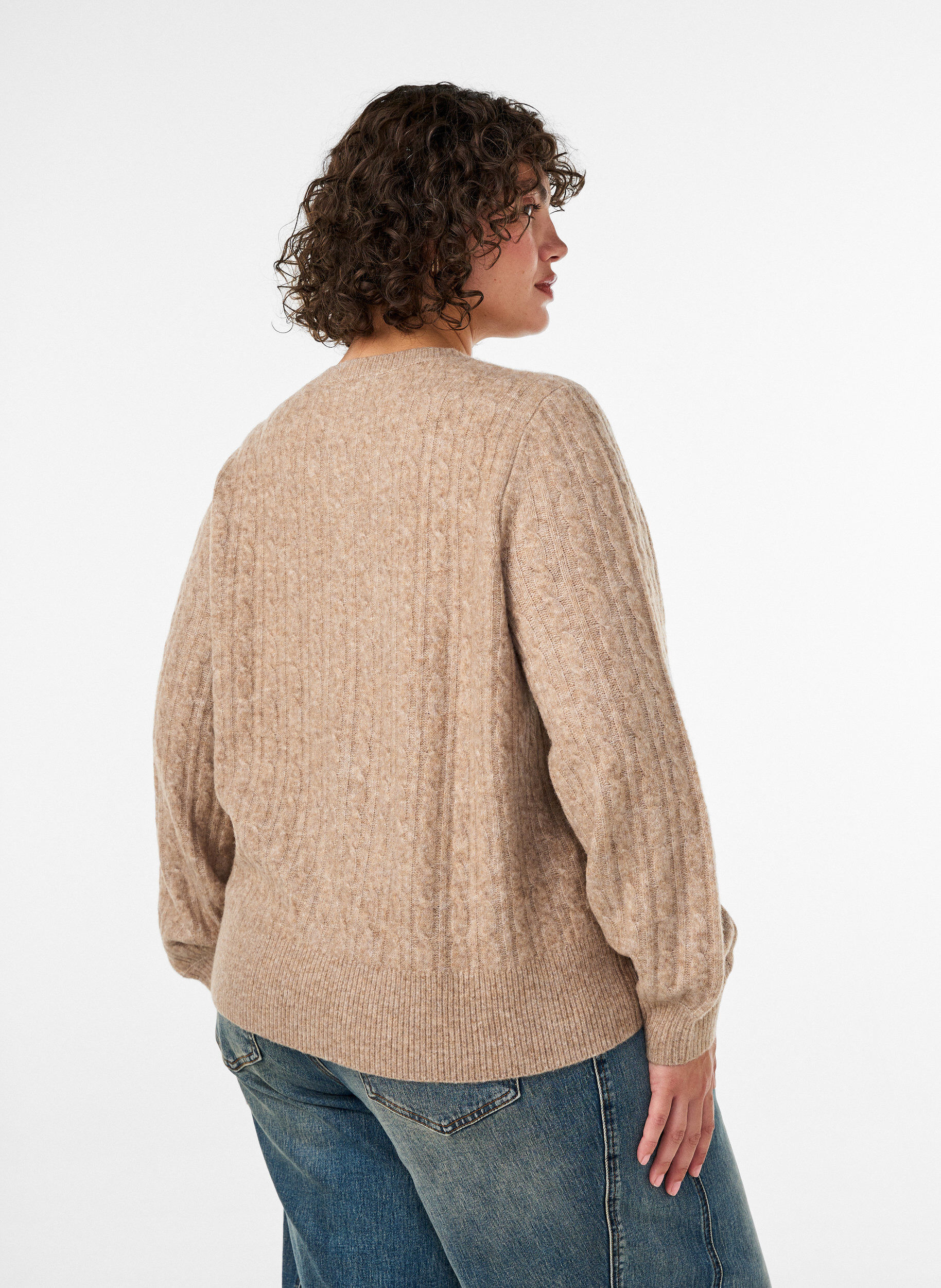 ZizzifashionCable knit cardigan with pearl buttons, Beige, Model image number 2
