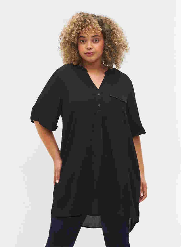 Short-sleeved viscose tunic, Black, Model image number 0