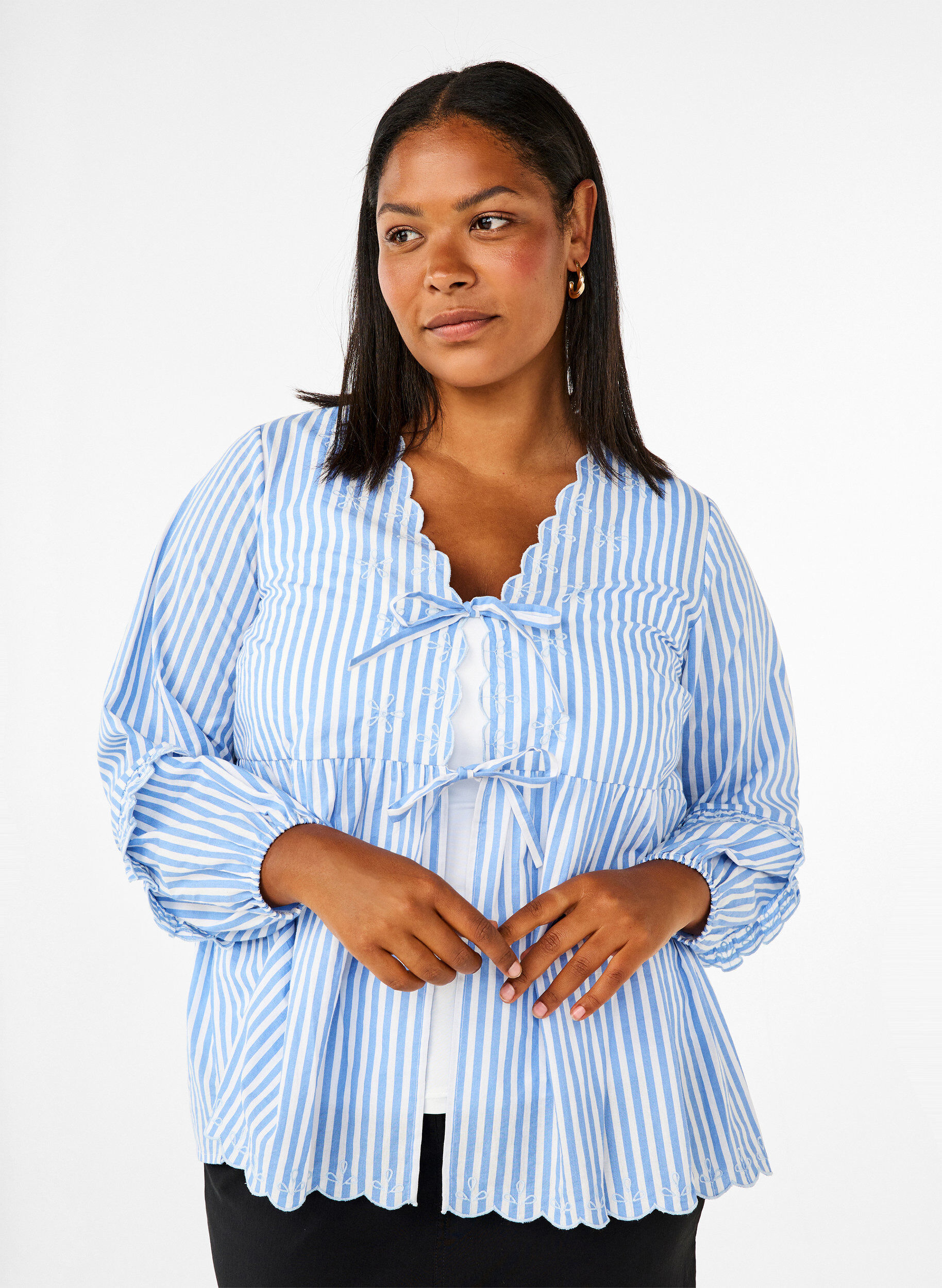 Zizzifashion Striped blouse with open front and embroidery details, Light Blue, Model image number 0