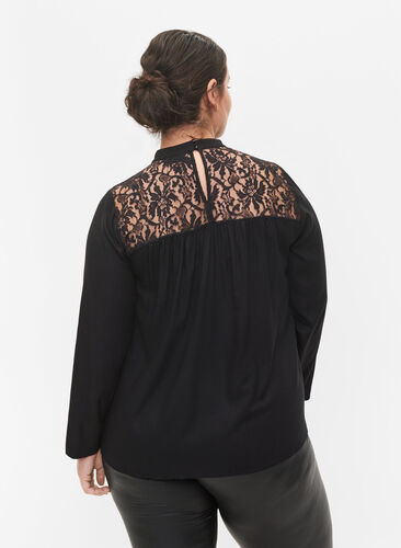Long-sleeved viscose top with lace, Black, Model image number 1