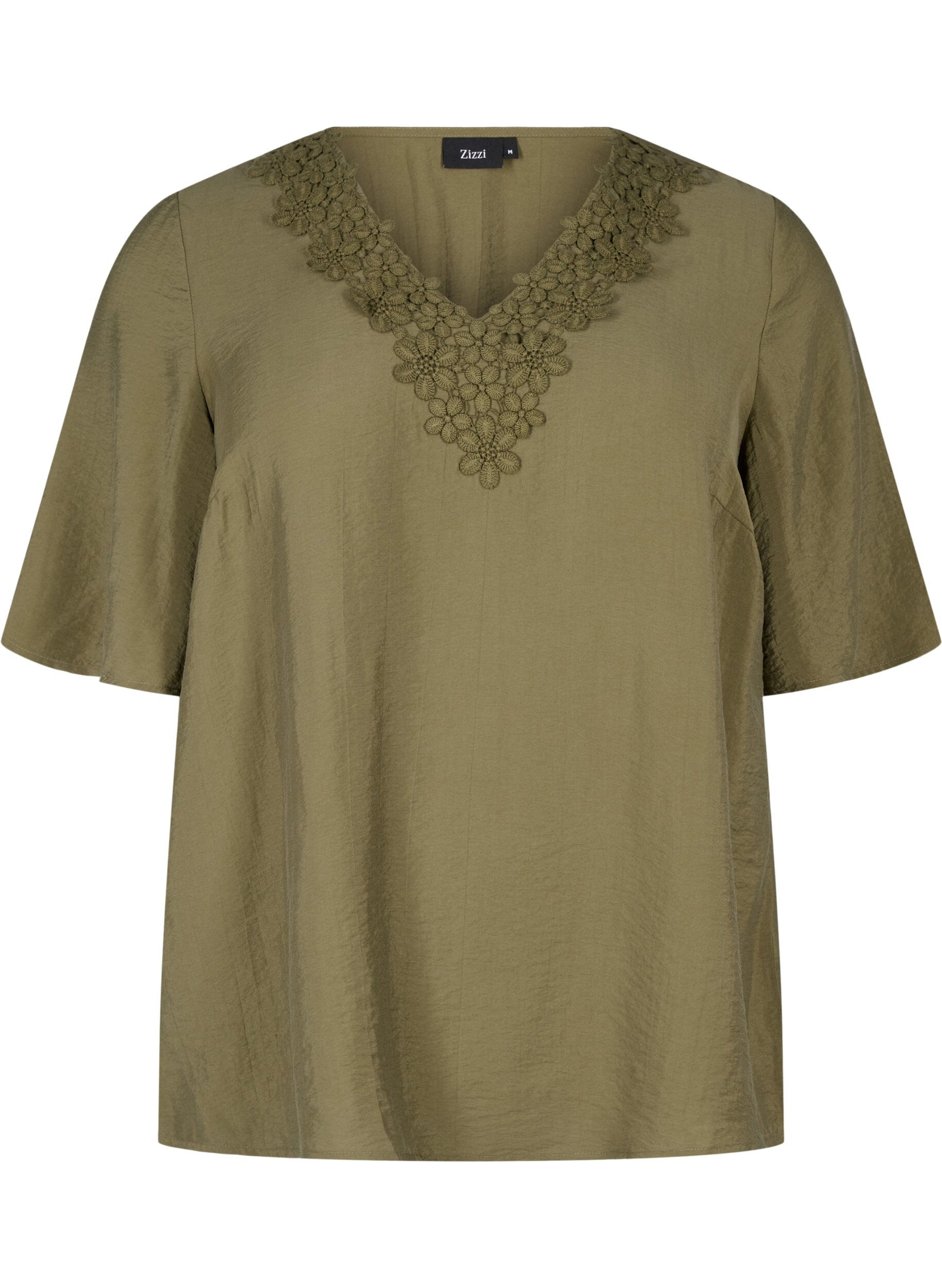 Zizzifashion Viscose blouse with v-neck and embroidery detail, Green, Packshot image number 0