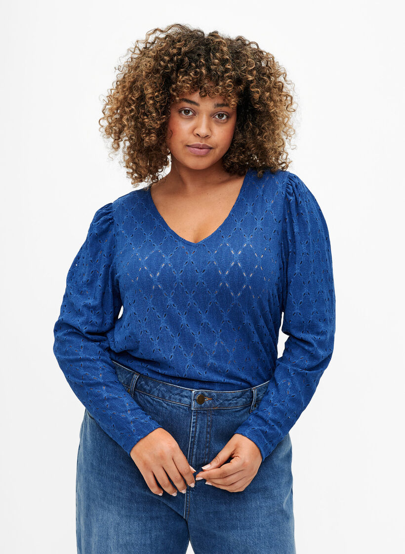 V-neck blouse with hole pattern, Limoges, Model image number 0