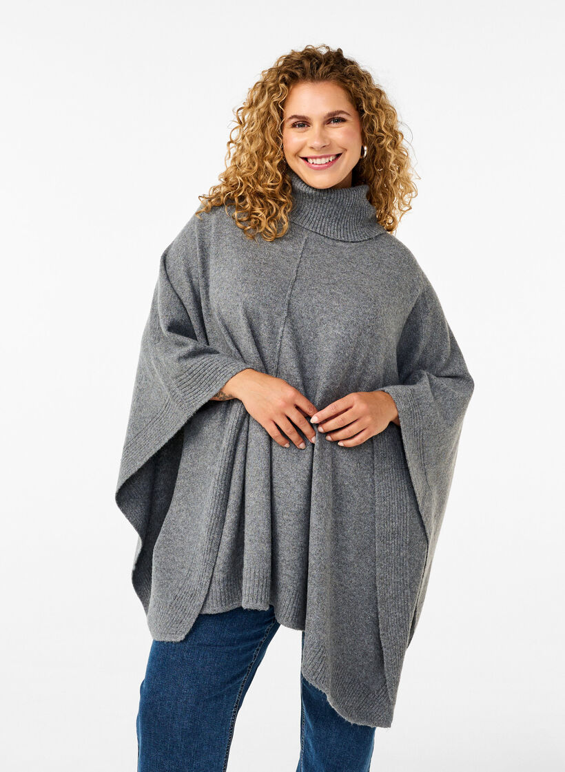 Poncho with high neck, Medium Grey Melange, Model image number 0
