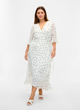 Dotted midi dress with wrap effect, Bright White w. Dots, Model image number 2