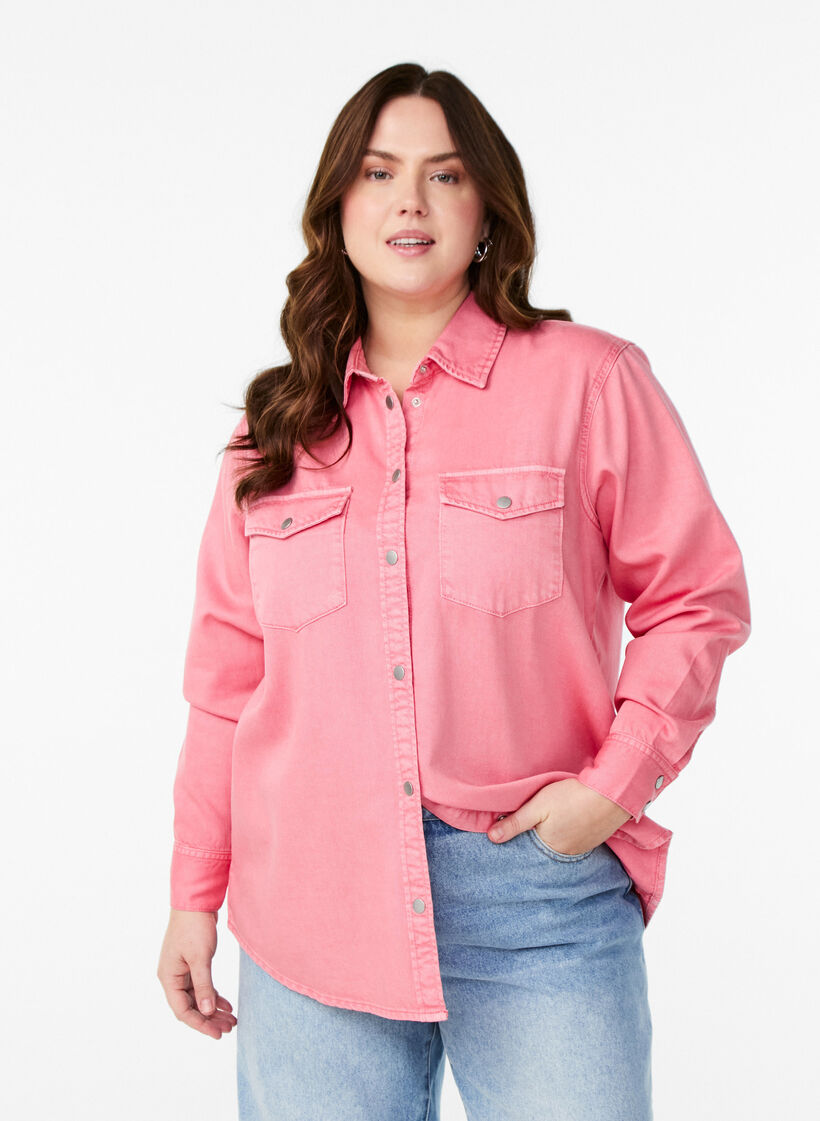 Denim shirt with chest pockets, Rose, Model image number 3