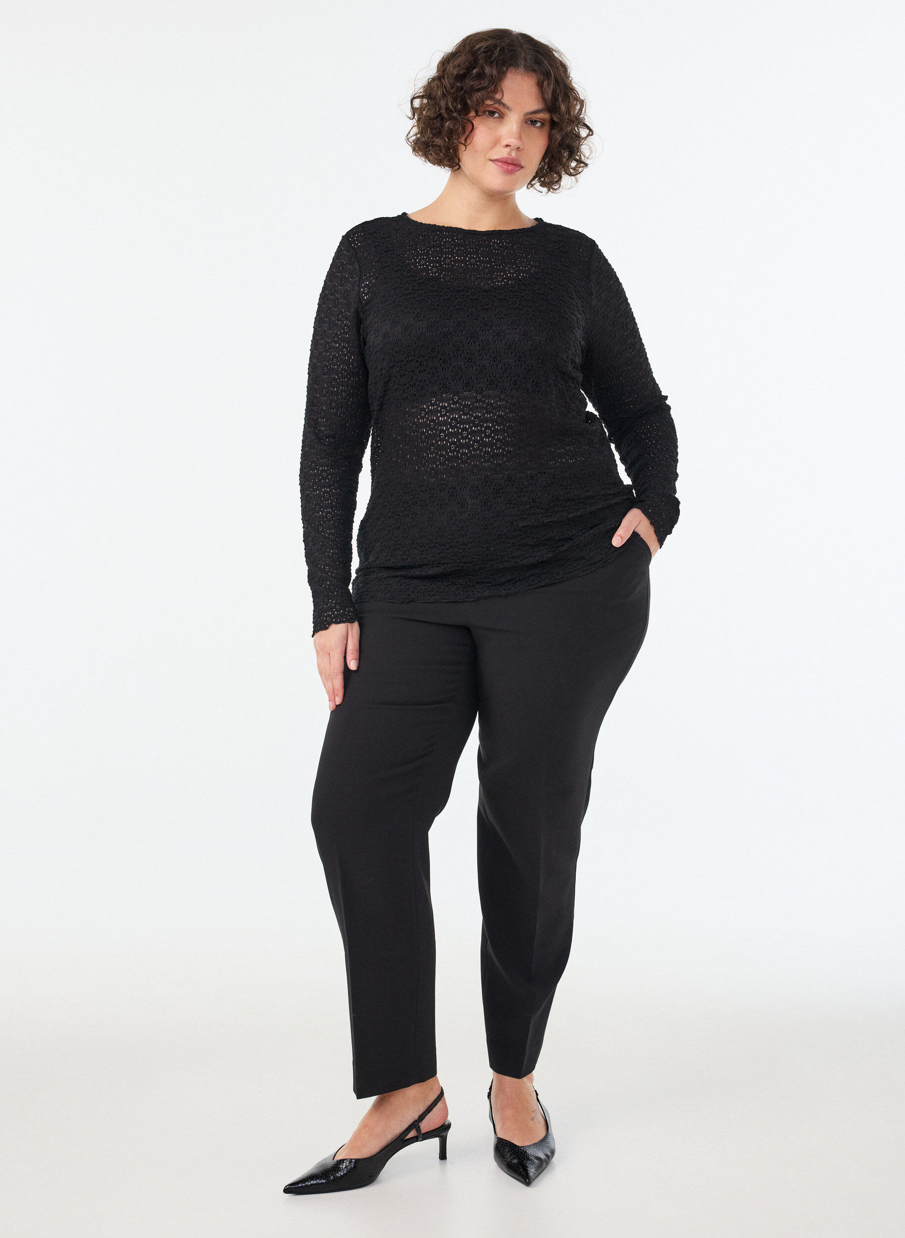 ZizzifashionBlouse with eyelet pattern and long sleeves, Black, Model image number 1
