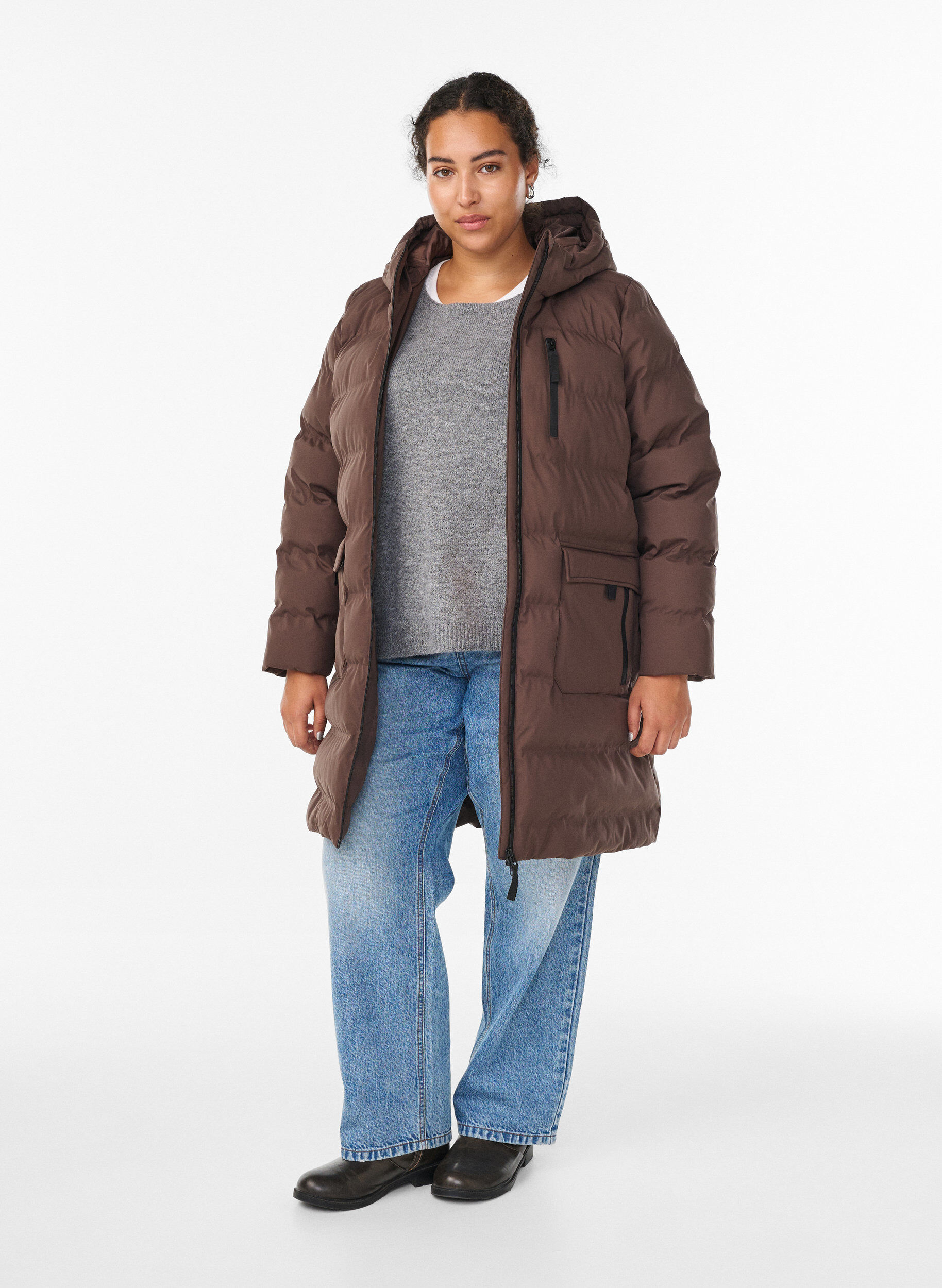 Zizzifashion Puffer coat with hood and pockets, Brown, Model image number 1