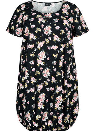 Short-sleeved cotton dress with floral print, Black W. Rose F. , Packshot image number 0