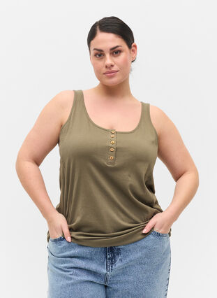 Block coloured cotton top with elastic along the bottom, Dusty Olive, Model image number 0